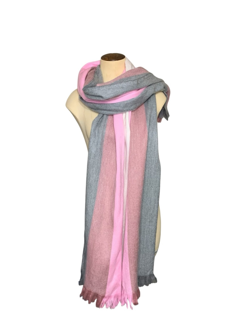 Ecuadorian Alpaca Striped Scarf Wrap Gray White Pink Soft Fuzzy Fringes 25"X70"